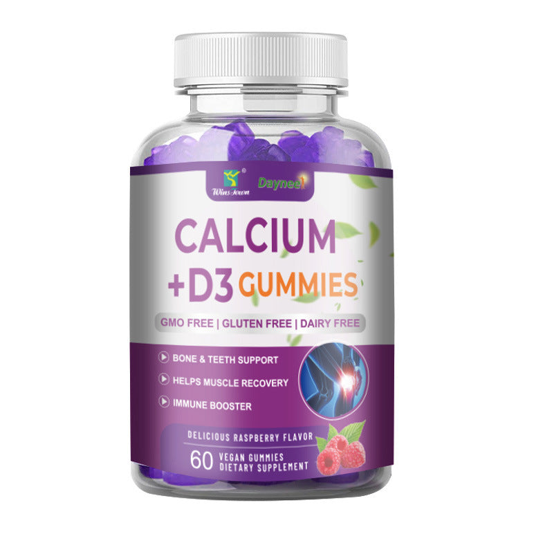 Dayneet Calcium + D3 Gummies bottle with purple label, 60 vegan gummies