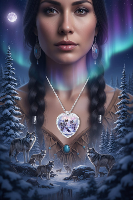 Heart-shaped crystal pendant necklace with wolf artwork inside clear heart charm