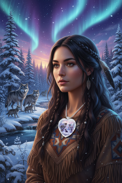 Heart-shaped crystal pendant necklace with wolf image, on silver chain.