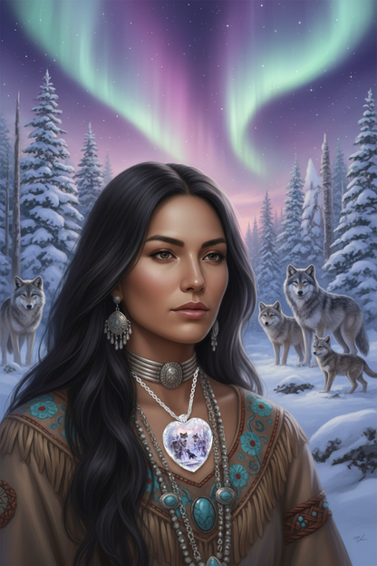 Heart-shaped wolf portrait crystal pendant on layered silver chains.