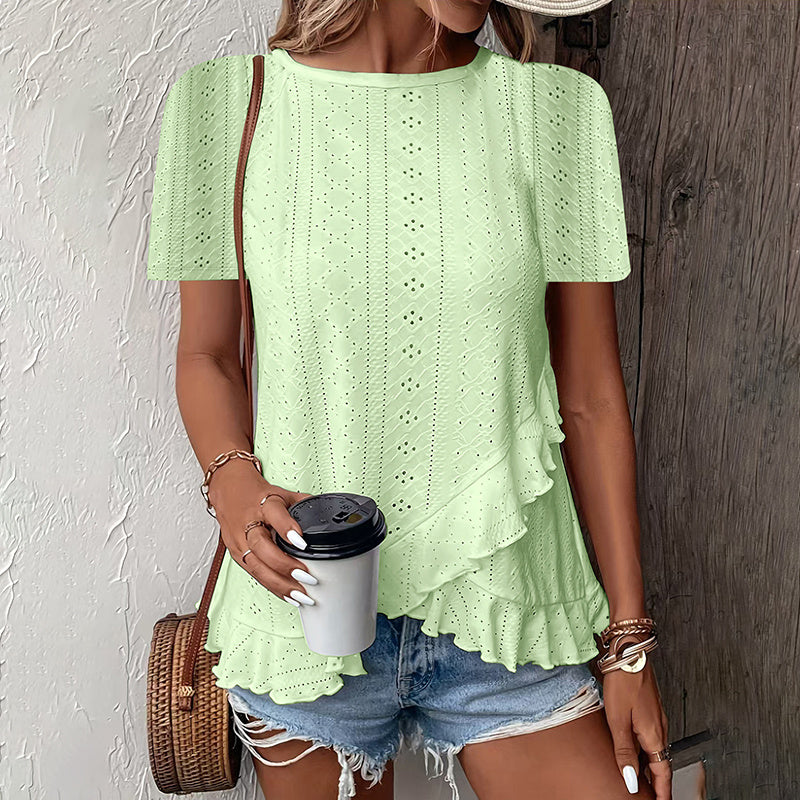 Women's Ruffle Hem Short Sleeve T-Shirt Casual Summer Crew Neck Blouses Top