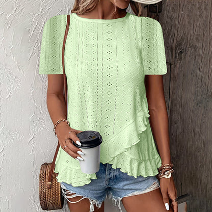 Women's Ruffle Hem Short Sleeve T-Shirt Casual Summer Crew Neck Blouses Top