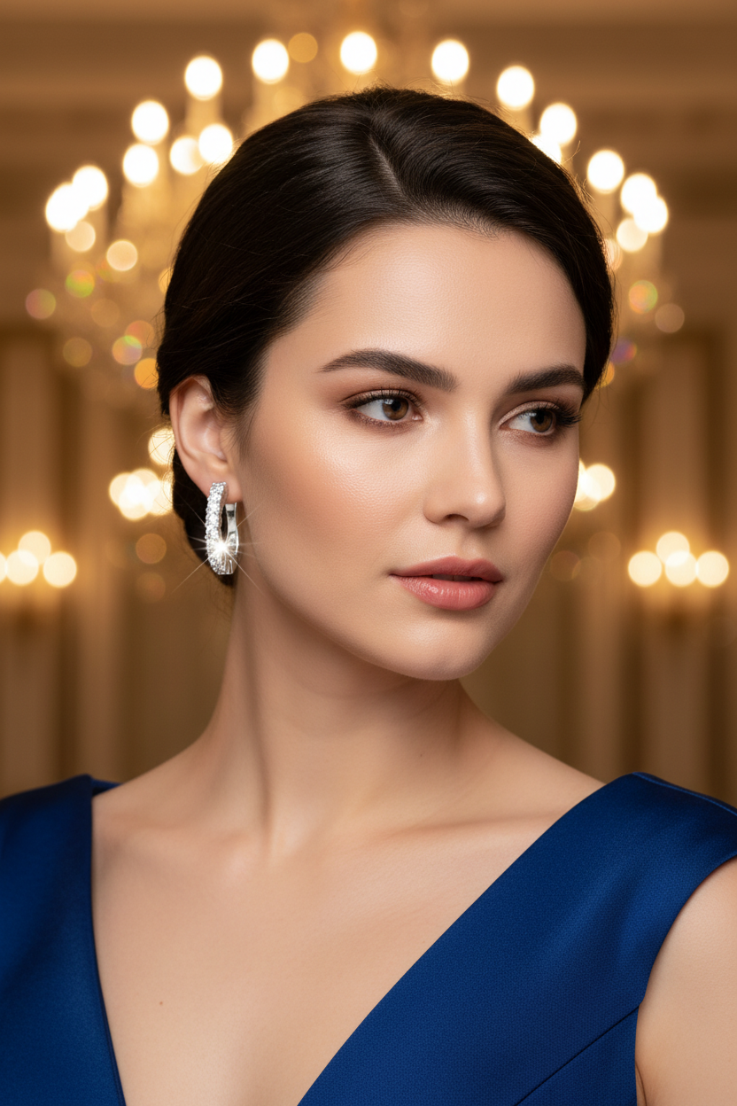 Silver-tone hoop earrings with clear prong-set stones, side profile
