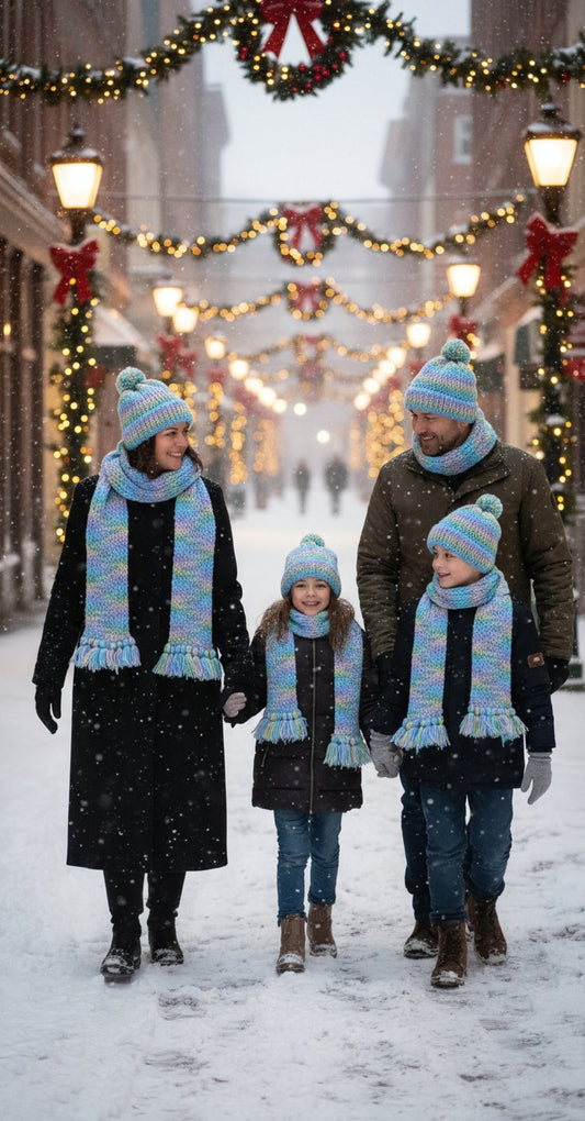 Multicolor knitted beanie and long scarf set, blue-green ombre with fringed ends