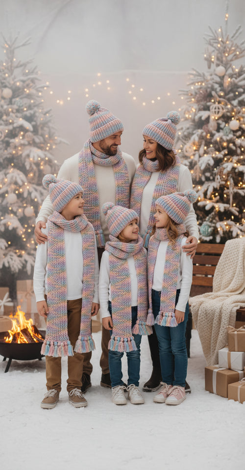 Kids’ knitted beanie and scarf set, pastel multicolor stripes with pom-pom tops