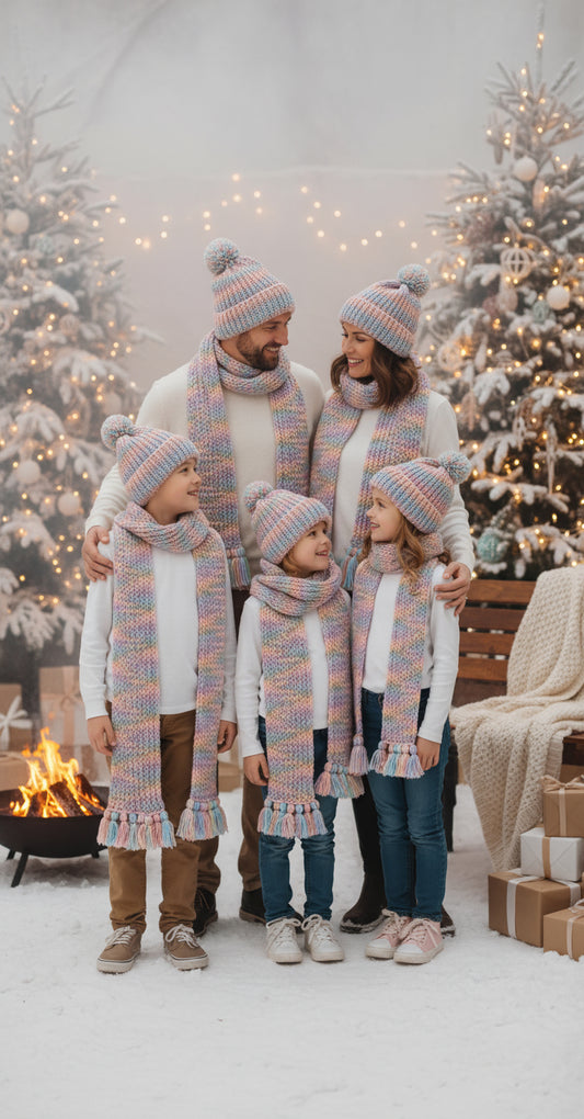 Kids’ knitted beanie and scarf set, pastel multicolor stripes with pom-pom tops