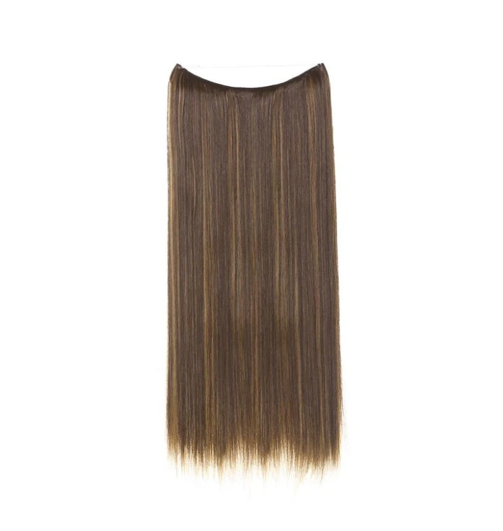 Women's straight one-piece hair extension, medium brown with lighter golden ends