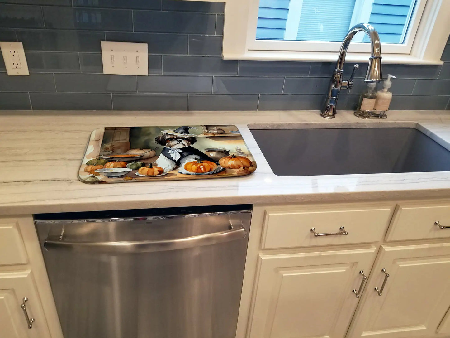 Shih Tzu Fall Kitchen Pumpkins Dish Drying Mat