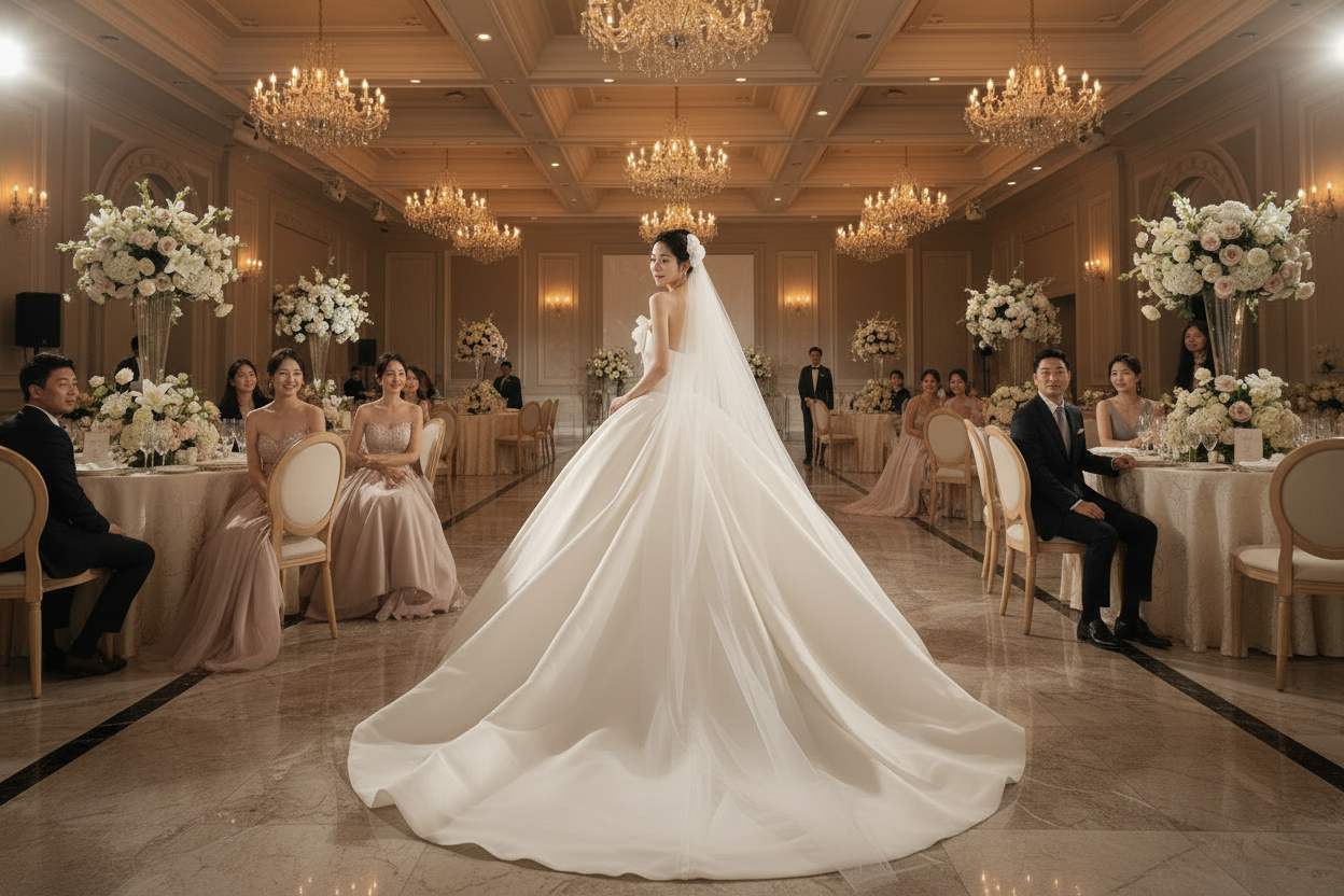 White strapless wedding dress with long flowing train and voluminous A-line skirt
