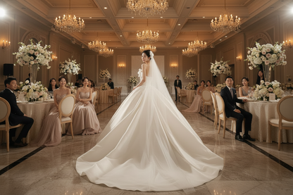 White strapless wedding dress with long flowing train and voluminous A-line skirt
