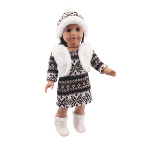 Doll winter dress with navy knit pattern, white fur-trimmed hood, hat, and boots