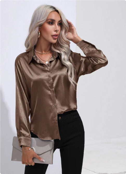 Brown satin button-up shirt with long sleeves and pointed collar
