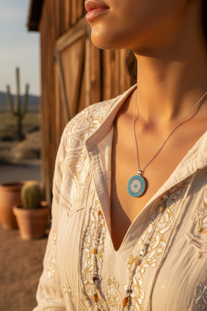 Turquoise evil-eye sweater chain necklace with round pendant on silver chain