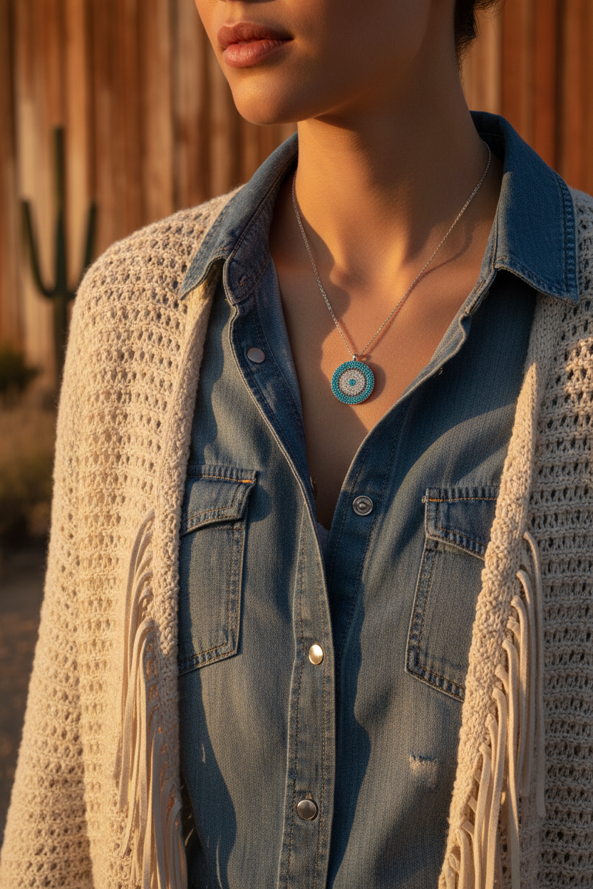 Turquoise evil-eye sweater chain necklace with circular turquoise pendant, silver chain