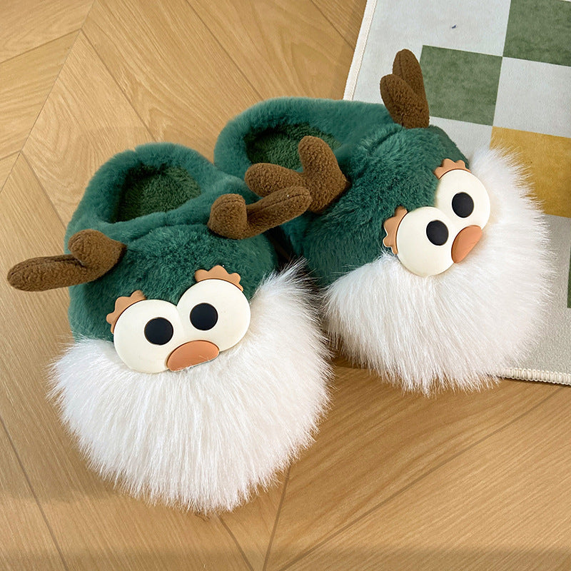 Cute Cartoon Christmas Deer Cotton Winter Slippers Half-covered Heel Plush Shoes