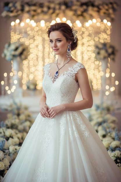 Blue teardrop zircon bridal necklace with dangling tassel earrings