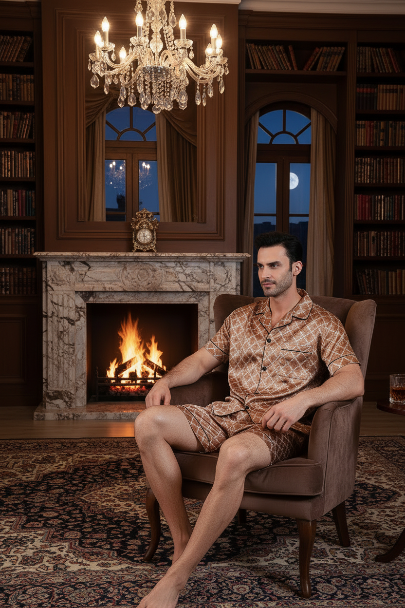 Brown patterned short suit set: short-sleeve shirt and matching shorts, seated