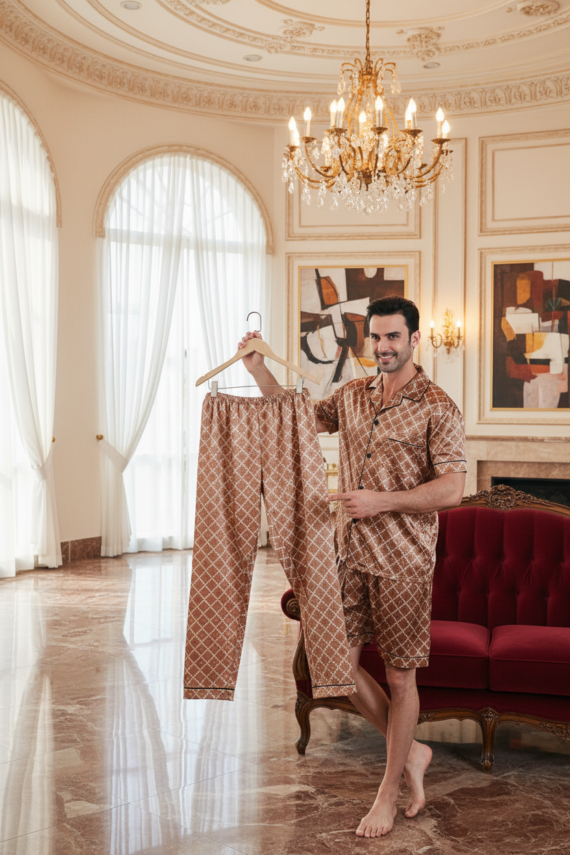 Brown patterned short suit set: model holding matching shorts and short-sleeve shirt