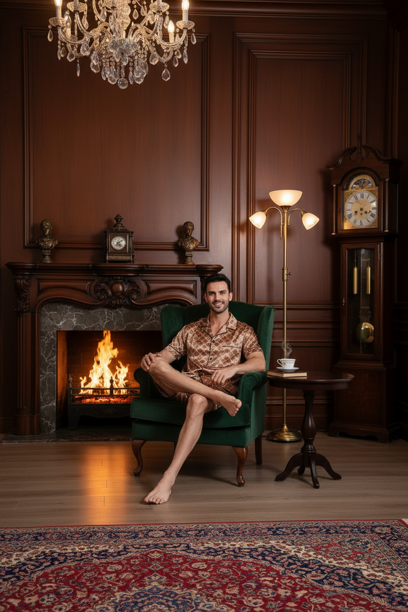 Brown patterned short suit set: short-sleeve shirt and matching shorts