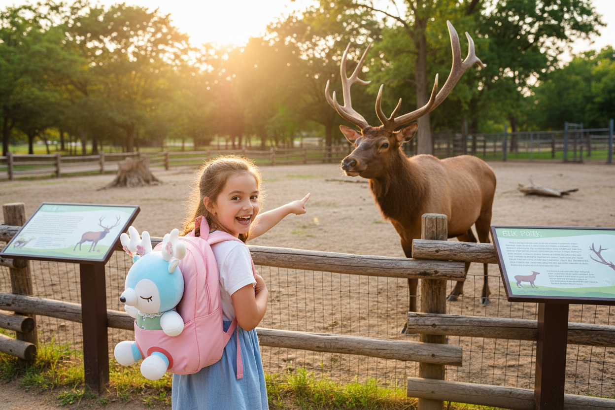Children's plush backpack, light pink with light-blue animal plush face and straps