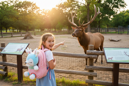 Children's plush backpack, light pink with light-blue animal plush face and straps