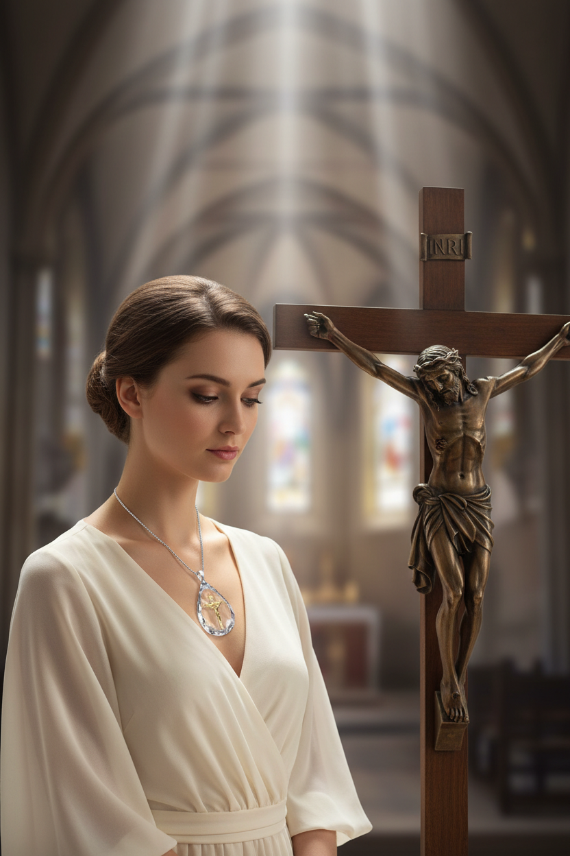 Silver-tone crystal teardrop necklace with crucifix pendant and chain