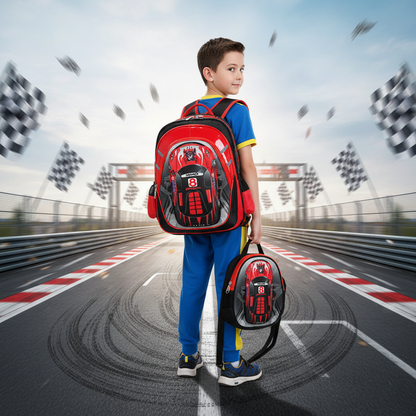 Red detachable trolley schoolbag with black trim, front number 8 panel, and shoulder straps