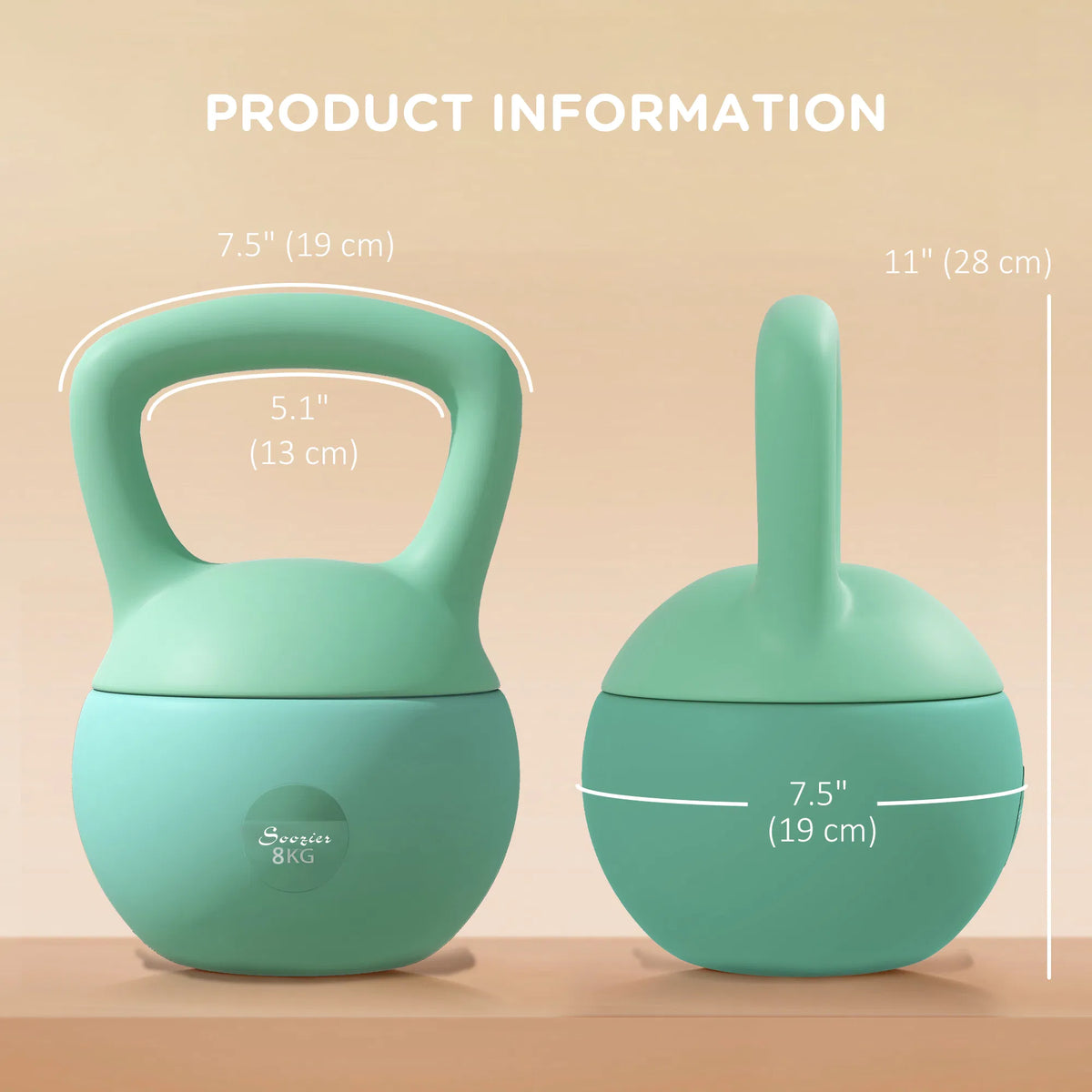Pair of green soft kettlebells with handles, shown with size measurements