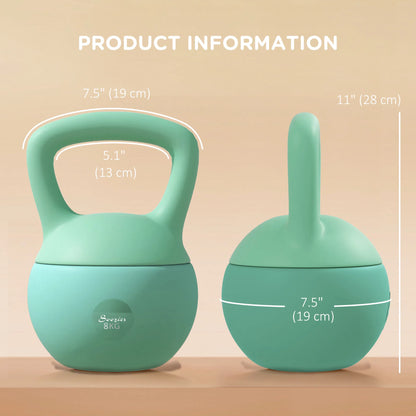 Pair of green soft kettlebells with handles, shown with size measurements
