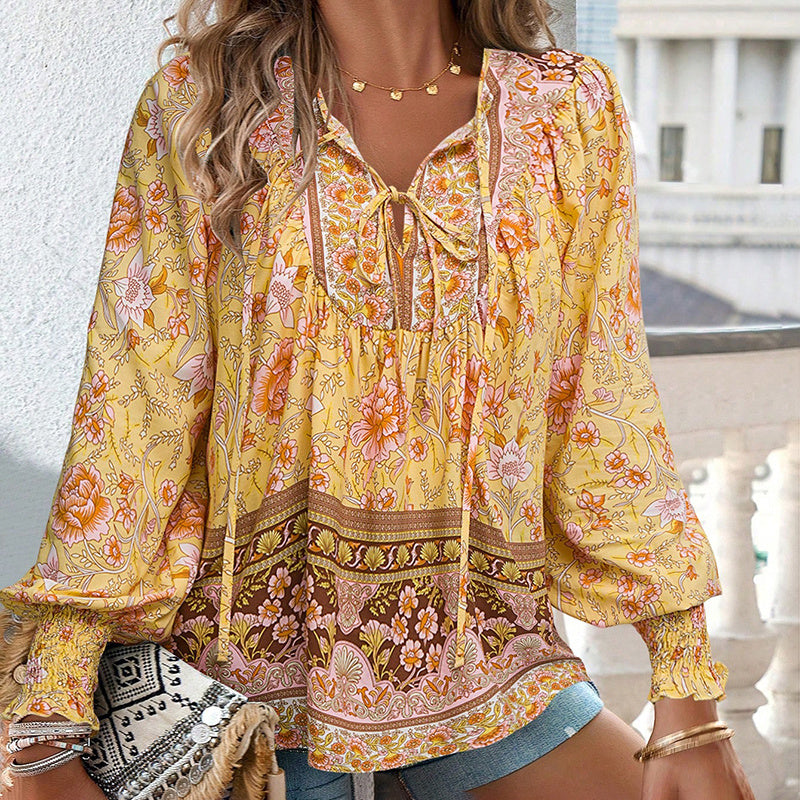 Women's Boho Chic Long Sleeve Blouse Floral Print V-Neck Top With Lace-Up & Drawstring Detail Elegant Vacation Shirt