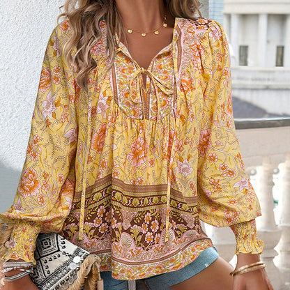 Women's Boho Chic Long Sleeve Blouse Floral Print V-Neck Top With Lace-Up & Drawstring Detail Elegant Vacation Shirt