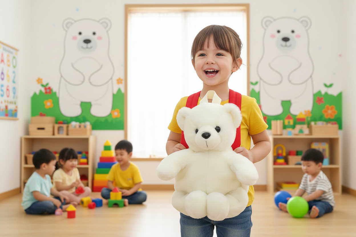 Cartoon animal school bag with white bear plush face and red shoulder straps