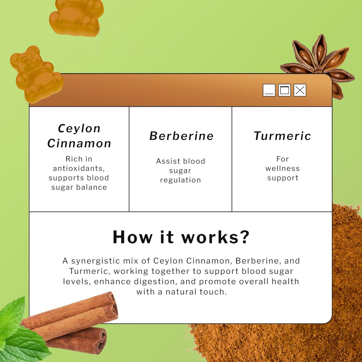 Supplement chart showing Ceylon cinnamon, berberine, and turmeric benefits panels