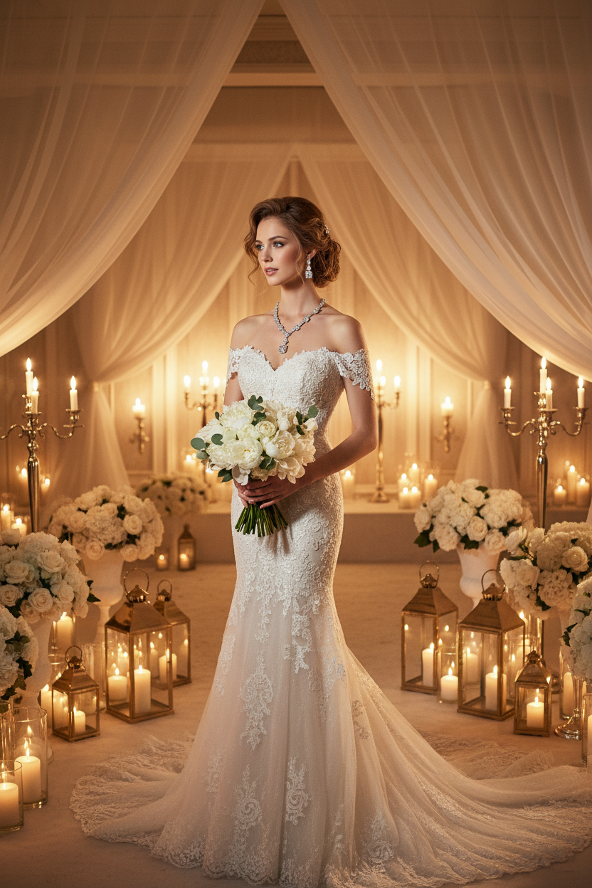 White bridal necklace with pendant and matching drop earrings