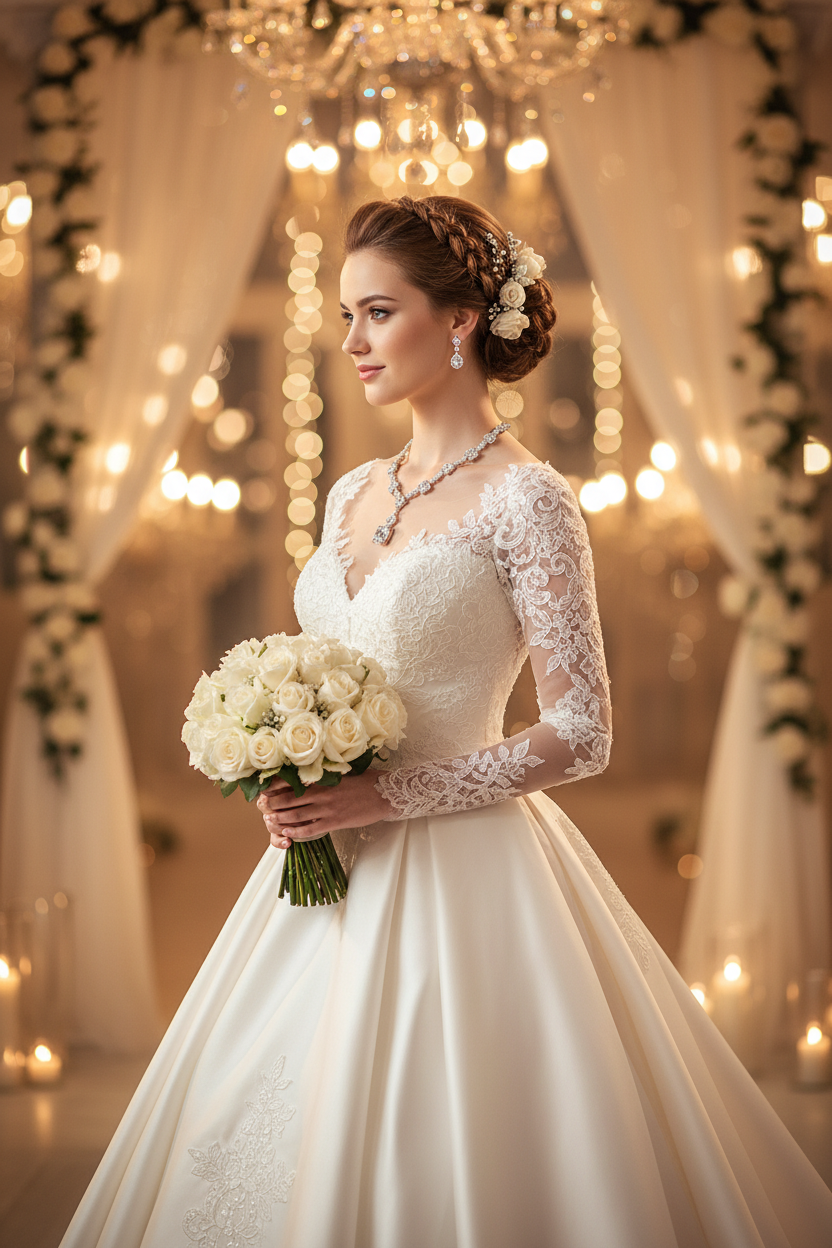 White bridal necklace with pendant and dangling earrings with floral details