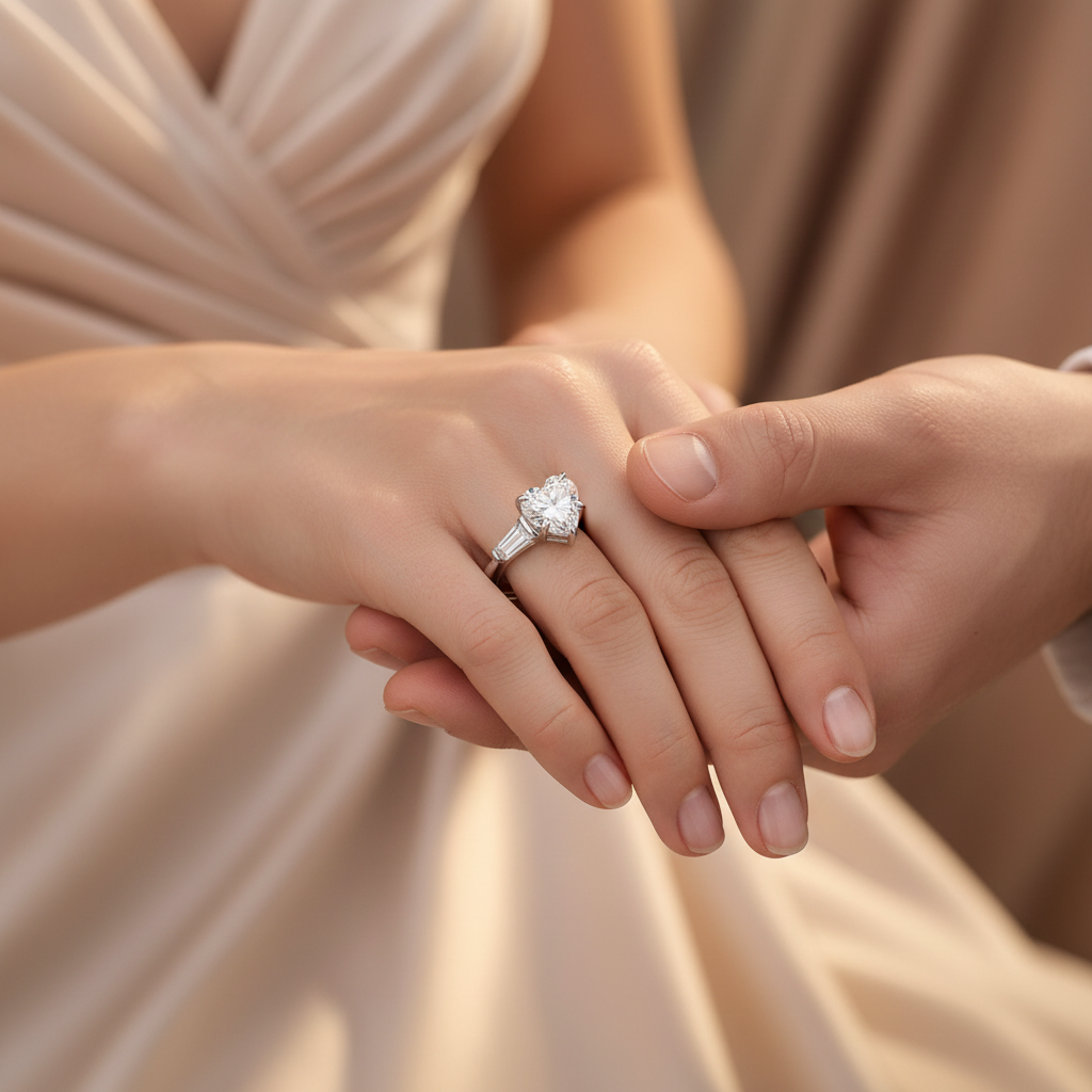 Silver moissanite diamond-style ring with round center stone in close-up hands