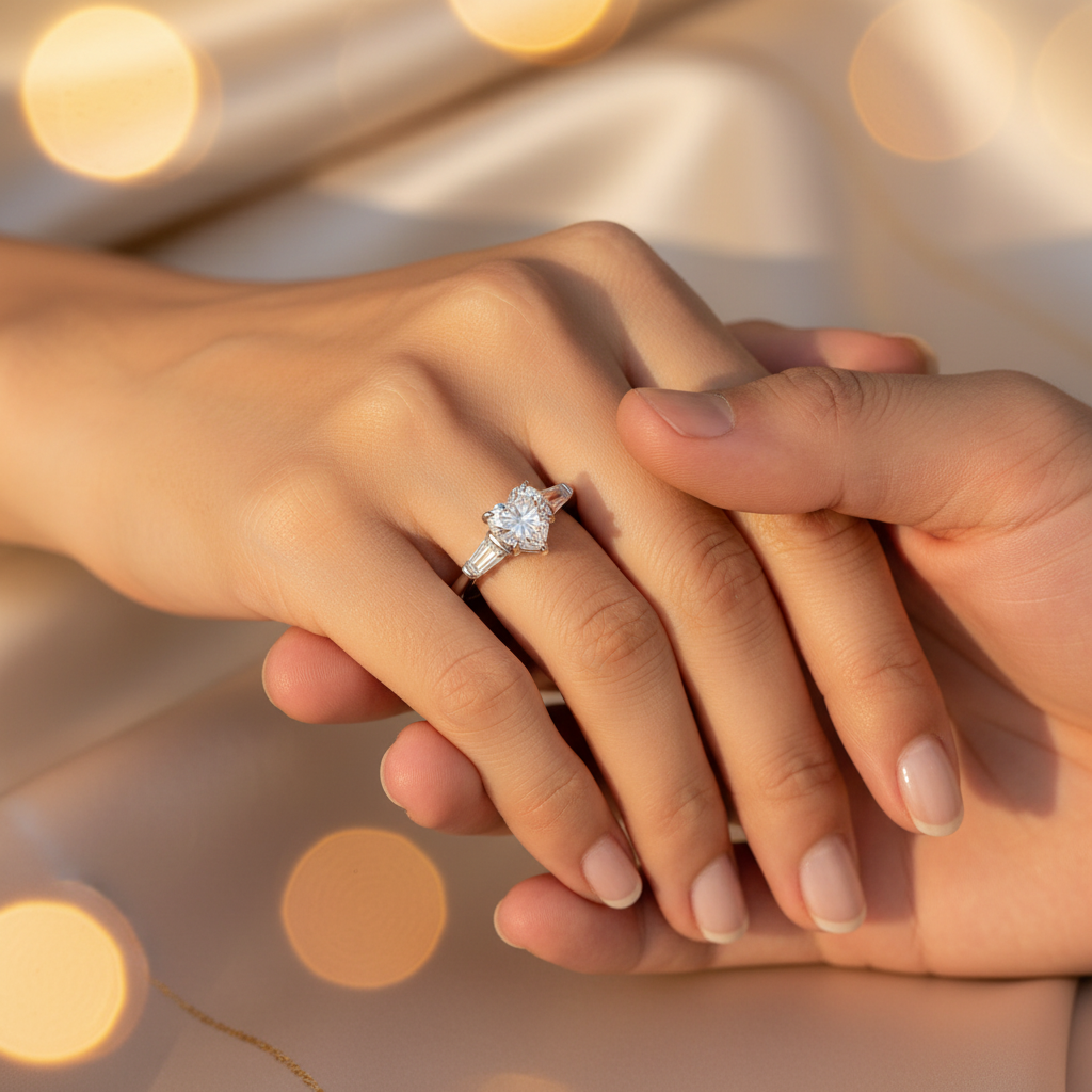 Silver moissanite diamond-style ring with round center stone on joined hands
