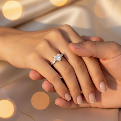 Silver moissanite diamond-style ring with round center stone on joined hands
