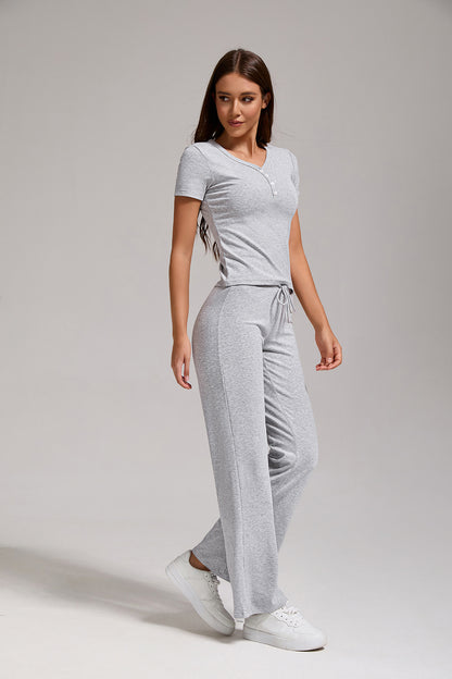 Women's Casual Two-piece Set With V-neck Button, Short Sleeved, Low Waisted Flared Pants, Sportswear
