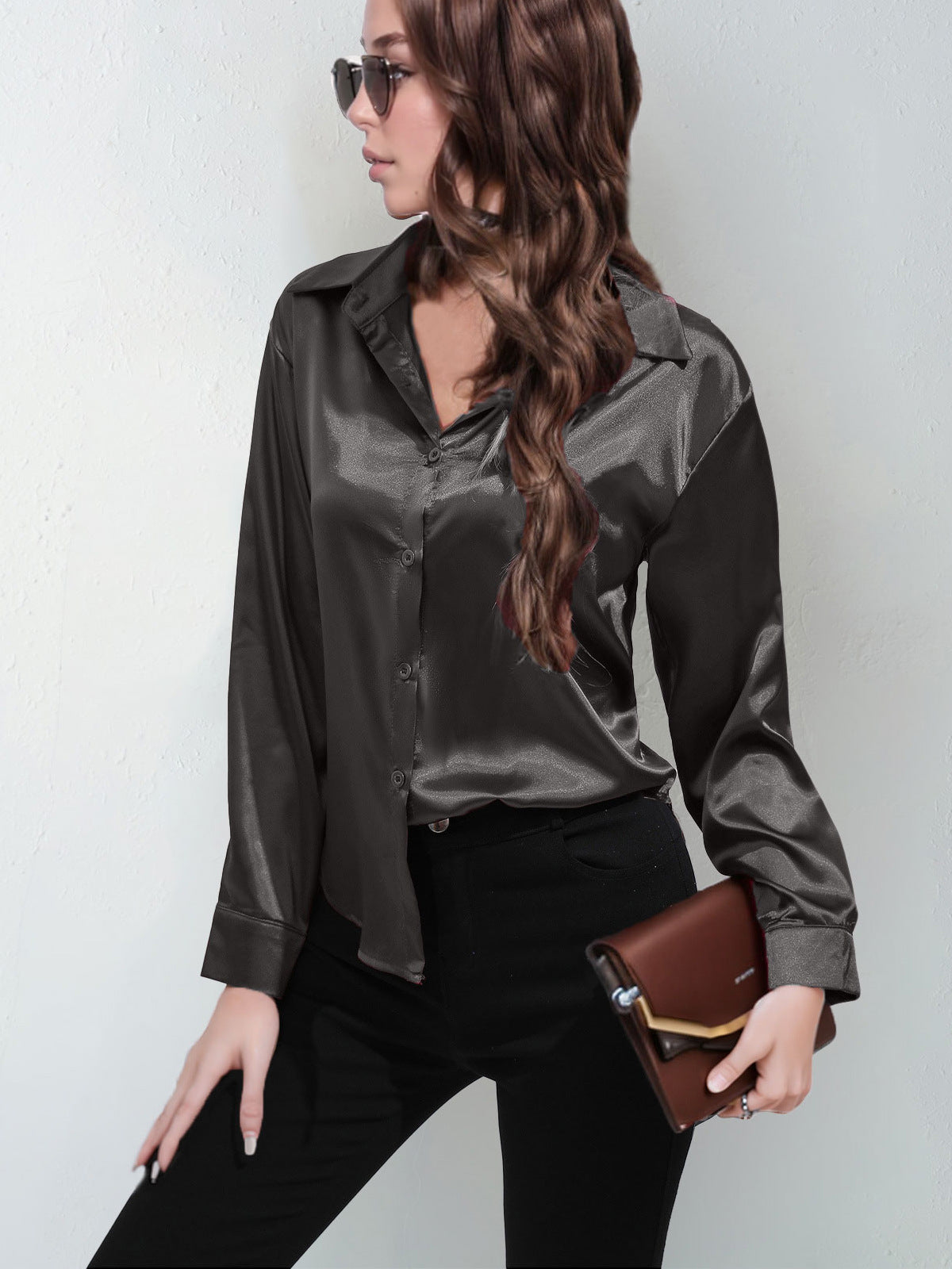 Dark gray satin button-up shirt with long sleeves and pointed collar
