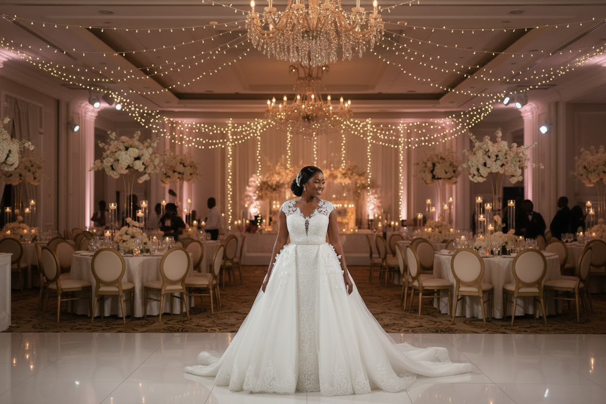 White lace mermaid wedding dress with lace bodice and long flowing skirt