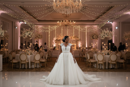 White lace mermaid wedding dress with lace bodice and long flowing skirt