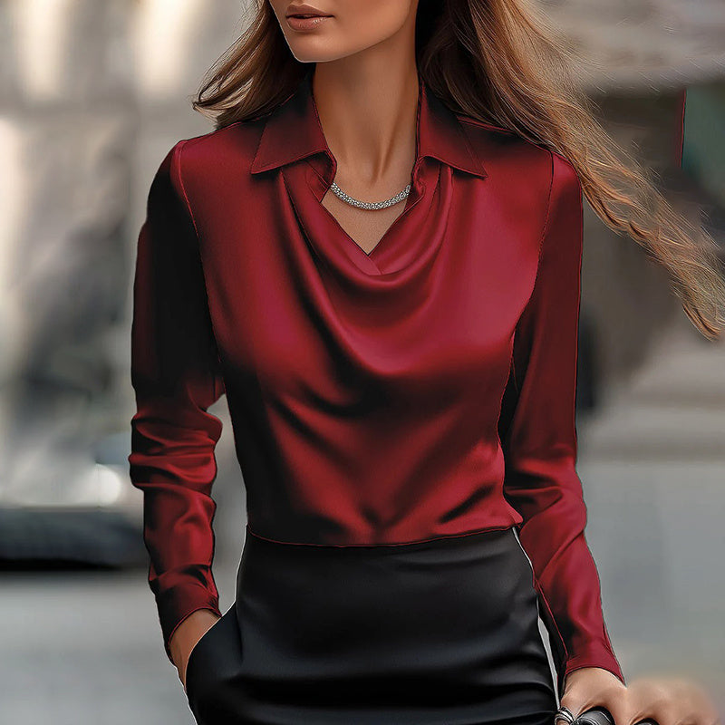 Women's Elegant Long Sleeve Blouse - Solid Color Lapel Top With Rucked Chest