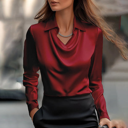 Women's Elegant Long Sleeve Blouse - Solid Color Lapel Top With Rucked Chest