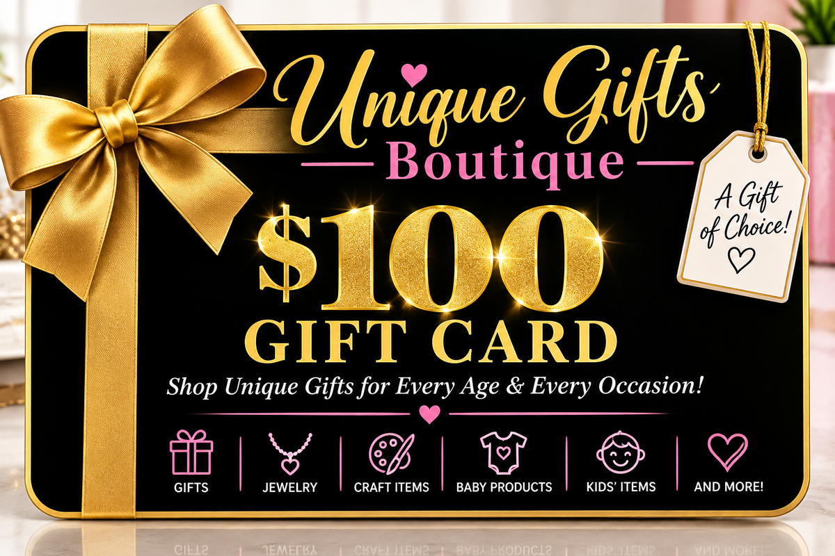 Gift card with gold ribbon bow, black design, $100 Unique Gifts Boutique text