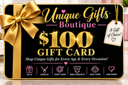 Gift card with gold ribbon bow, black design, $100 Unique Gifts Boutique text