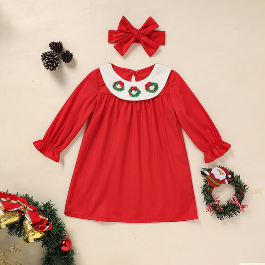 Toddler Kids Baby Girls Christmas Dress Wreath Embroidered Party Dresses With Headband