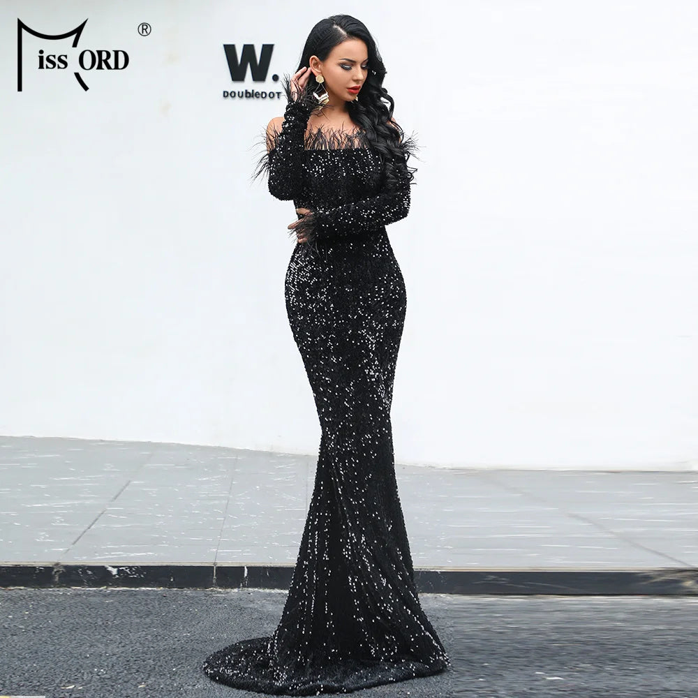 Women Sexy Off Shoulder Long Sleeve Feather Elegant Sequin Maxi Dress