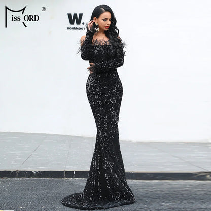 Women Sexy Off Shoulder Long Sleeve Feather Elegant Sequin Maxi Dress