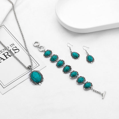 Retro Ethnic Style Turquoise Necklace Earrings Bracelet Set